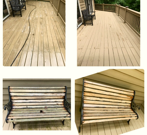 before and after cleaning photo of deck and wooden chair arden nc