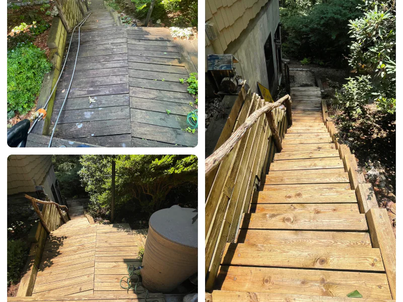 before and after cleaning photo of wooden stairs and deck arden nc